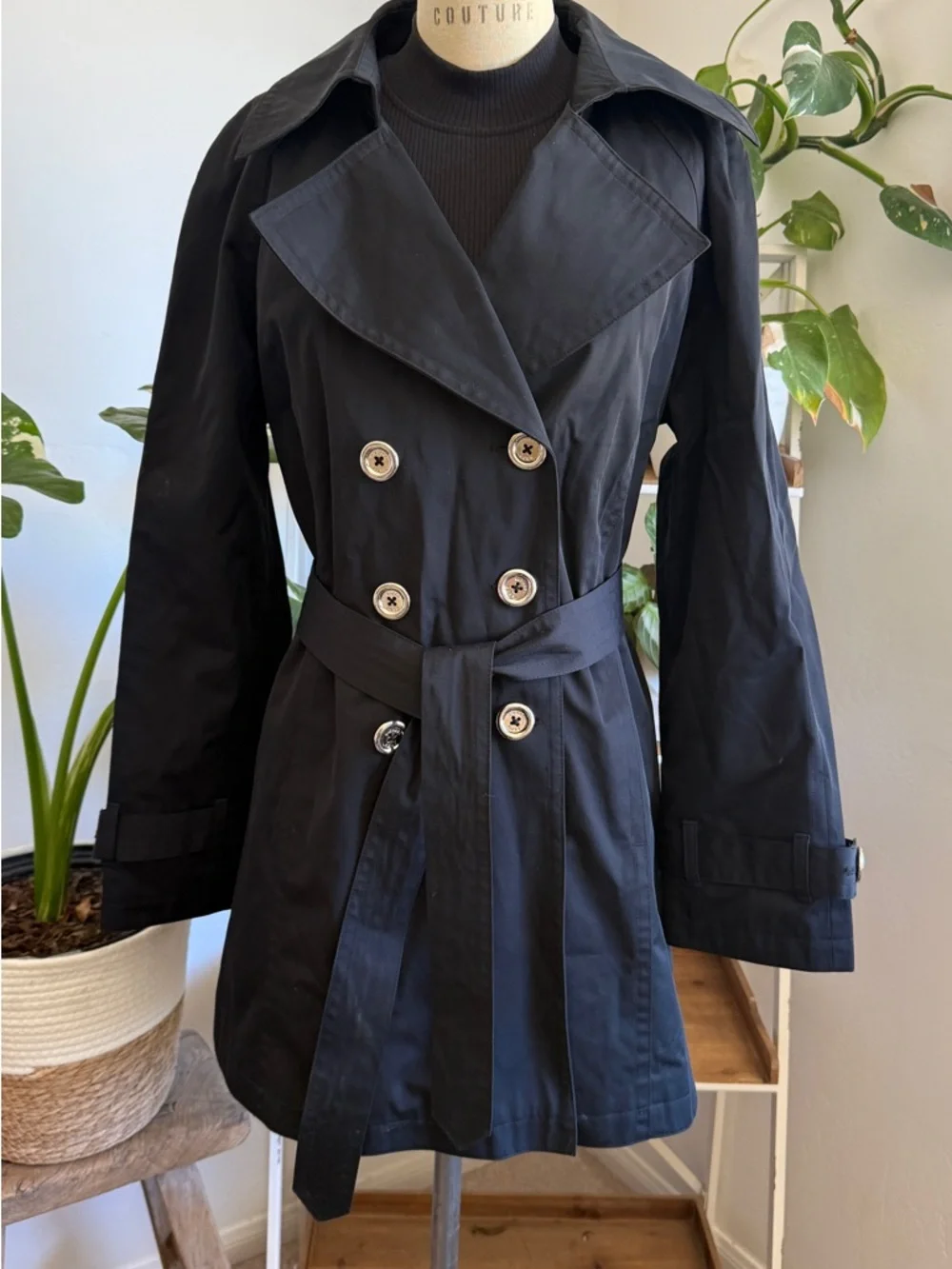 MICHAEL Michael Kors Black Double-Breasted Trench Coat Rain Coat with Belt - Picture 7 of 8